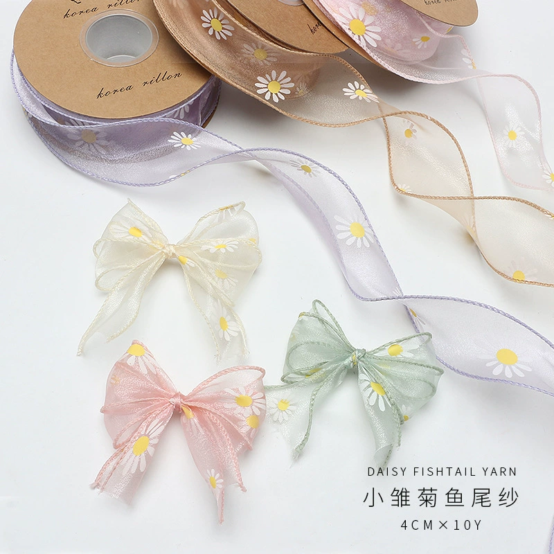 Daisy-Patterned Fishtail Mesh Ribbon & Chiffon Satin Ribbon — Floral Packaging Supplies4cm*9Yards