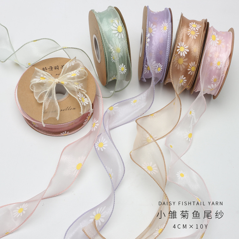 Daisy-Patterned Fishtail Mesh Ribbon & Chiffon Satin Ribbon — Floral Packaging Supplies4cm*9Yards