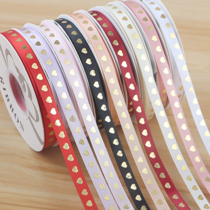 Gold-Stamped Heart Ribbon — 1 cm, 35 Yards