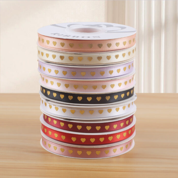Gold-Stamped Heart Ribbon — 1 cm, 35 Yards