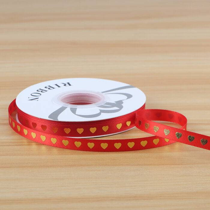Gold-Stamped Heart Ribbon — 1 cm, 35 Yards