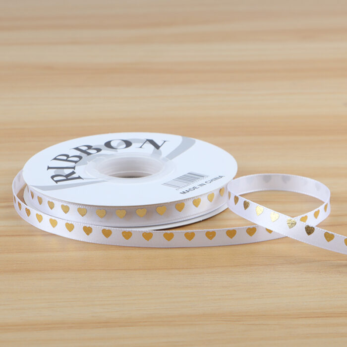 Gold-Stamped Heart Ribbon — 1 cm, 35 Yards